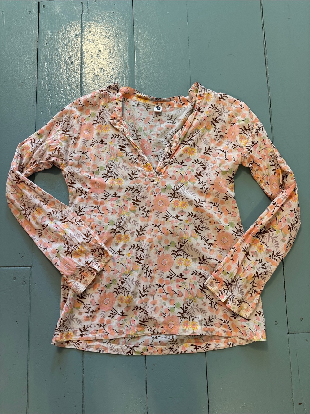 Kerry Cassill Floral Pink V-Neck Long Sleeve Top size large